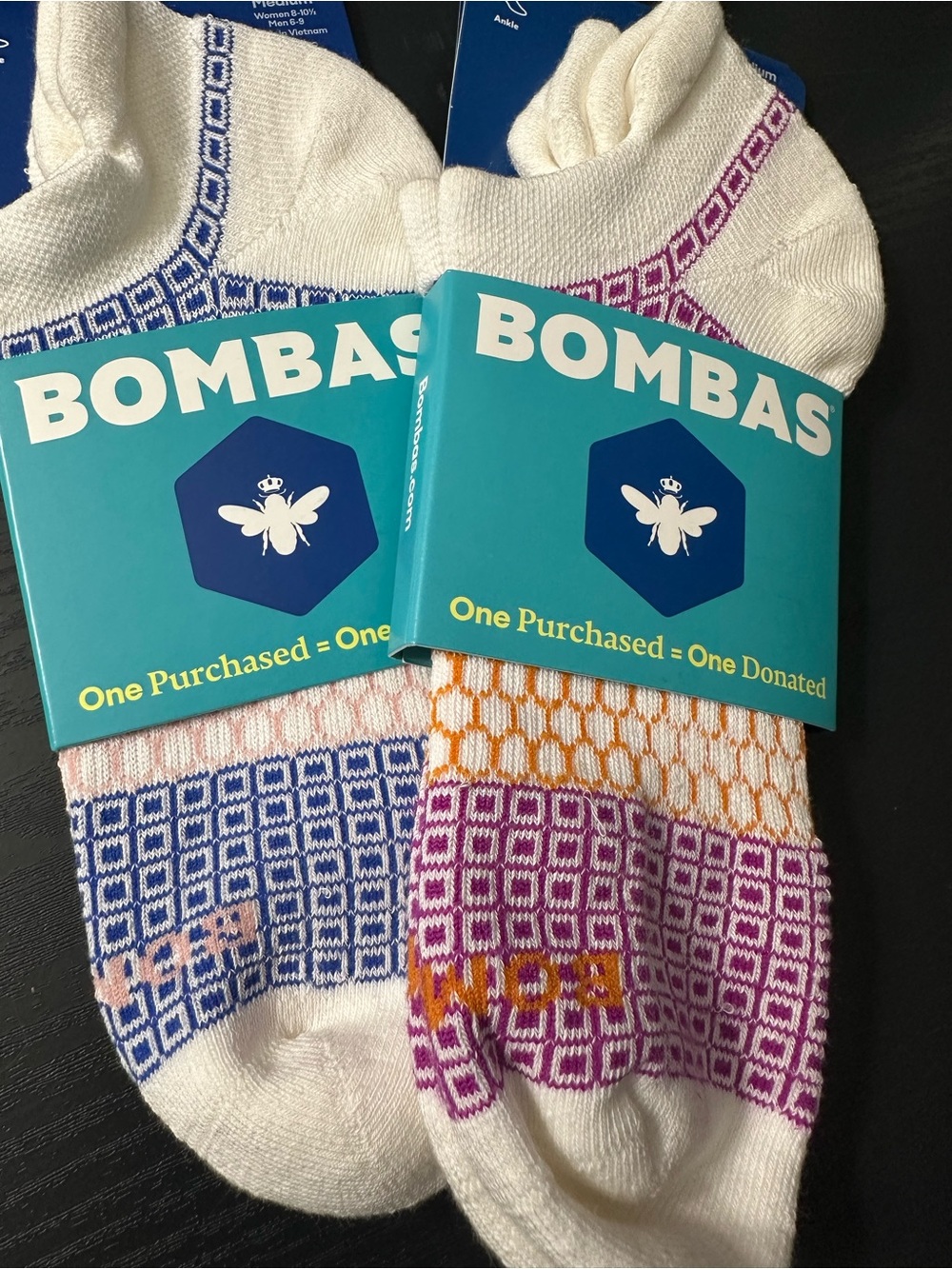 Bombas Low-Cut Socks in White with Blue, Purple & Orange Accents